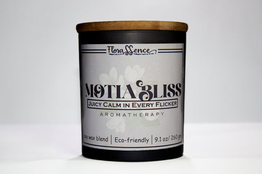 Motia bliss scented candle in black jar with wooden lid - Florassence